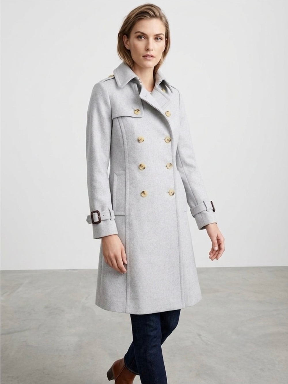 J. Crew Light Gray Double-Breasted Wool Trench Coat